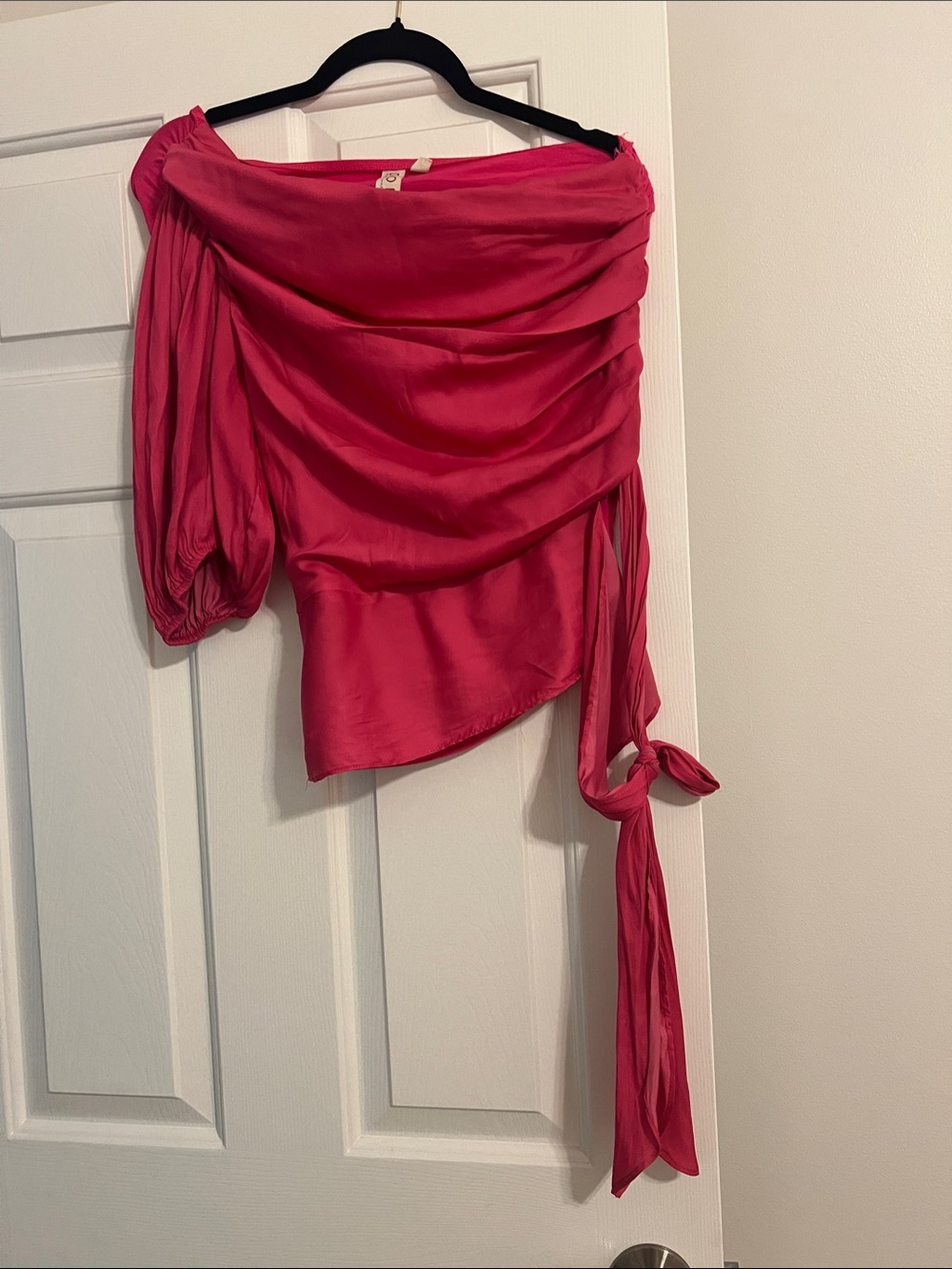 Off-Shoulder Satin Blouse in Bright Pink size medium